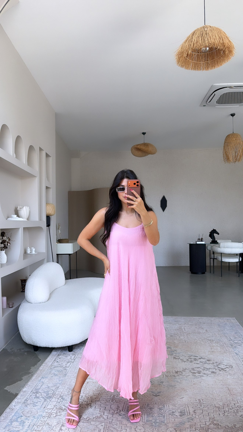 Şeker Pembe Kırışık Efektli Askılı Elbise