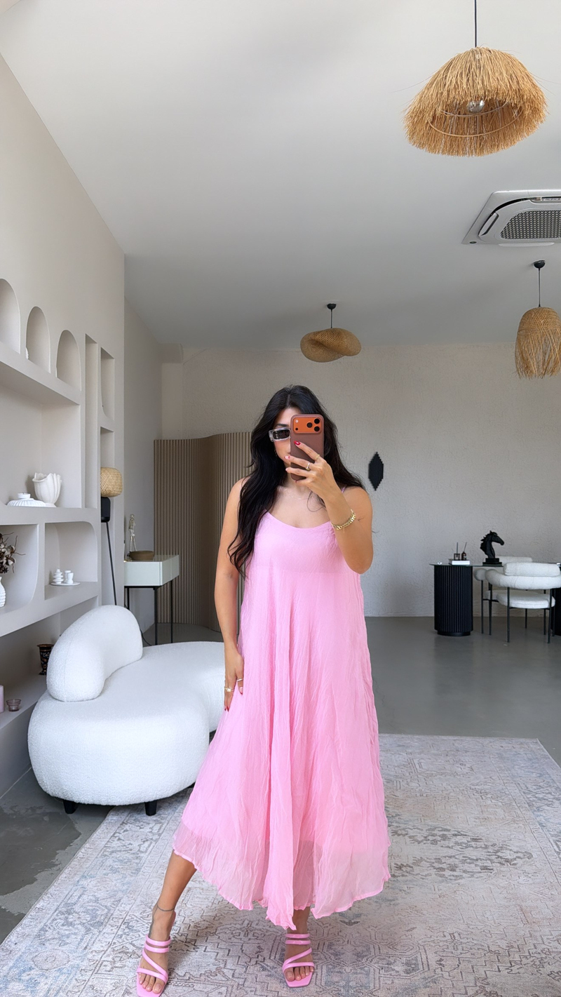 Şeker Pembe Kırışık Efektli Askılı Elbise