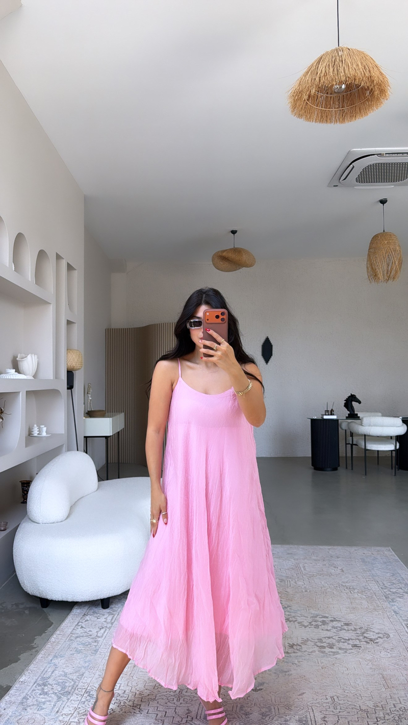 Şeker Pembe Kırışık Efektli Askılı Elbise