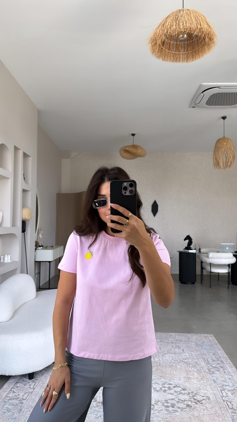 Şeker Pembe Limon Nakışlı Tshirt