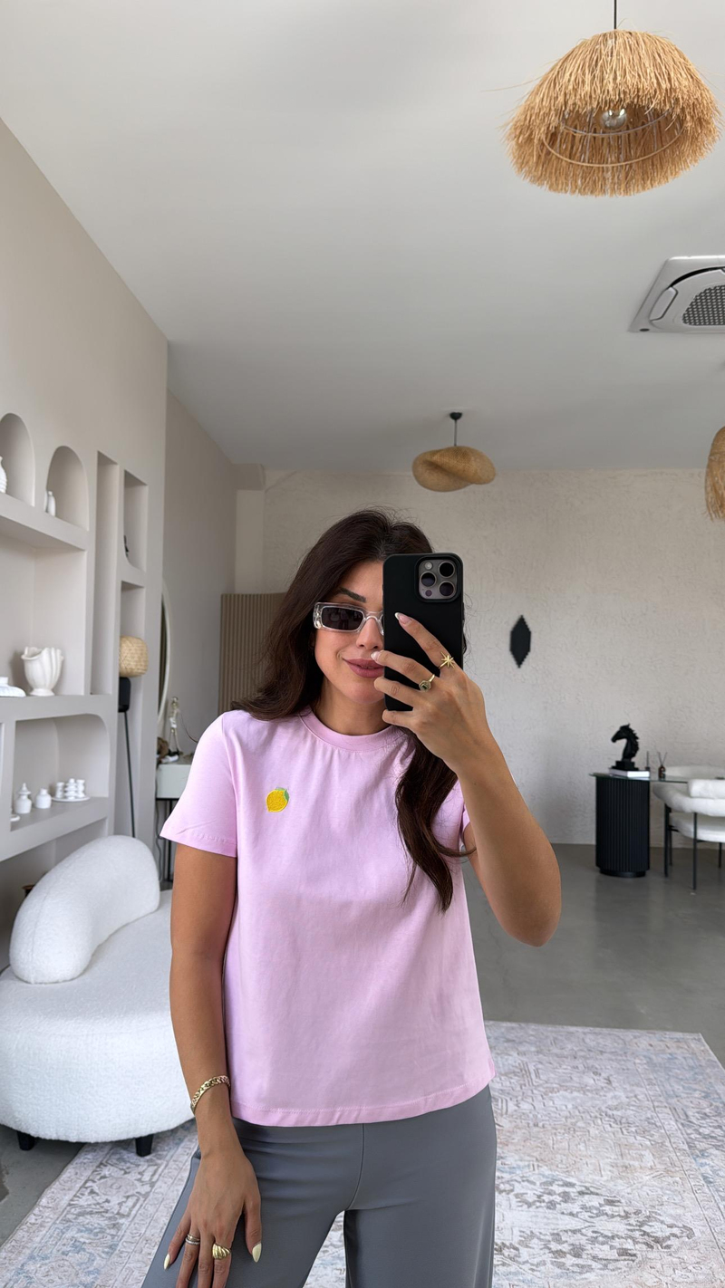 Şeker Pembe Limon Nakışlı Tshirt