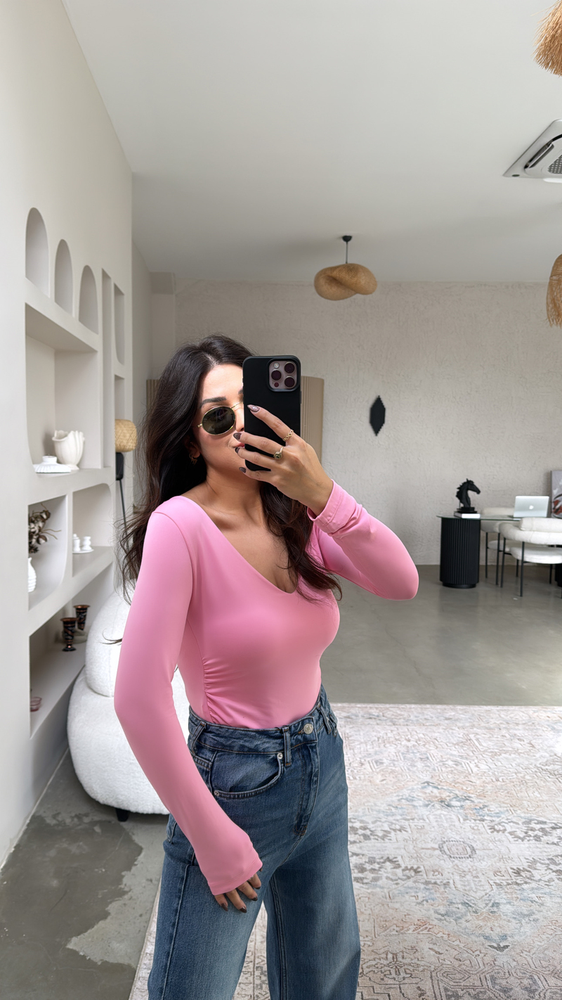 Şeker Pembe V Yaka Polyamid Bodysuit