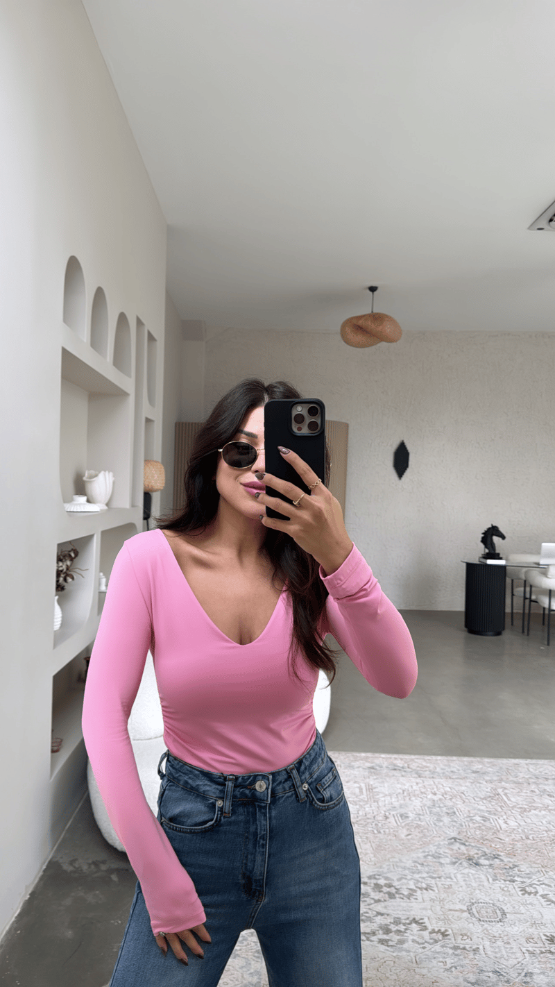 Şeker Pembe V Yaka Polyamid Bodysuit