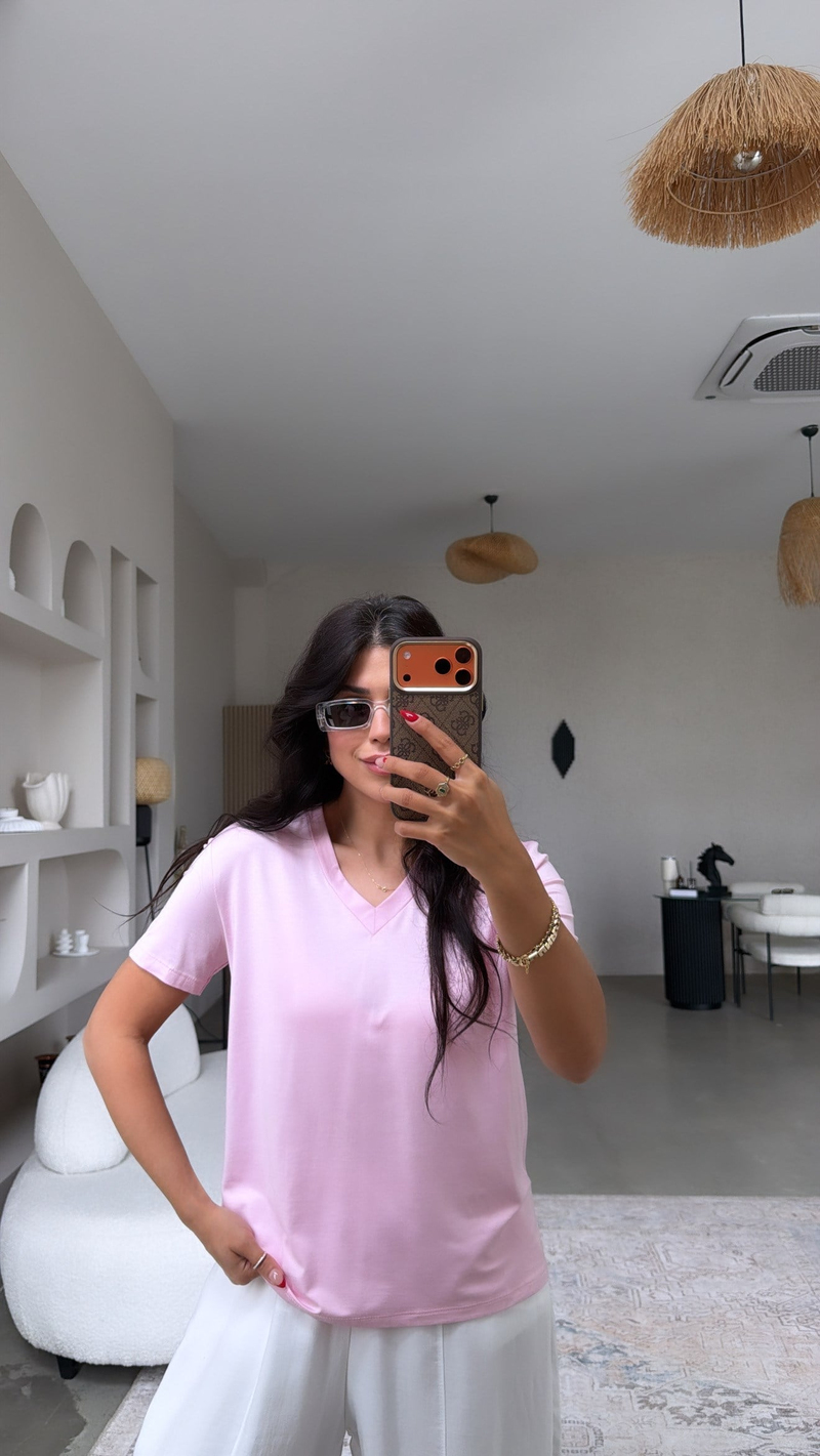 Şeker Pembe V Yaka Viskon Basic Tshirt