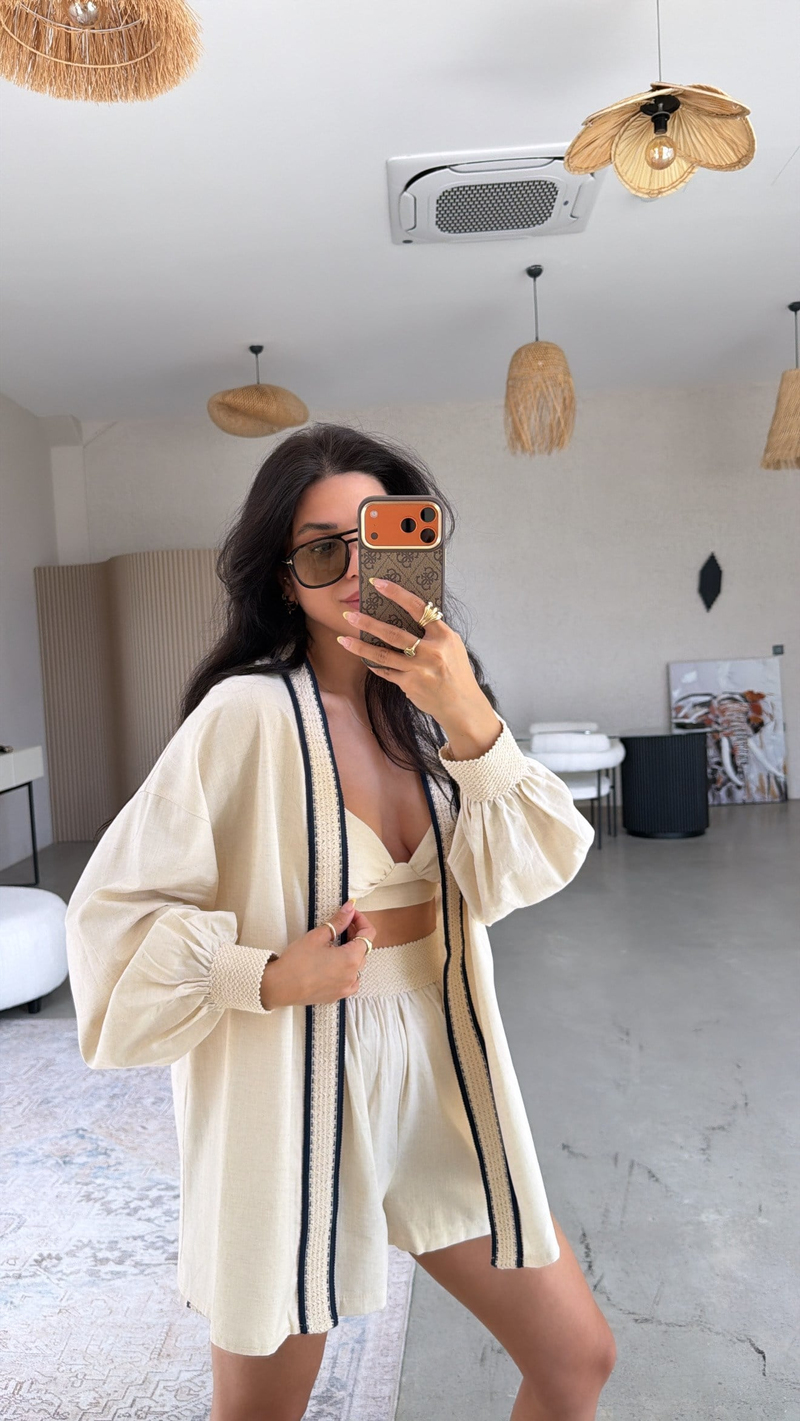 Şerit Detaylı Üçlü Premium Şort Büstiyer Kimono Takım