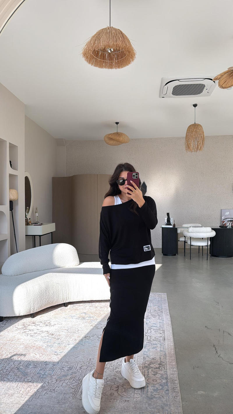 Simli Şeritli Etekli Modal Üçlü Takım