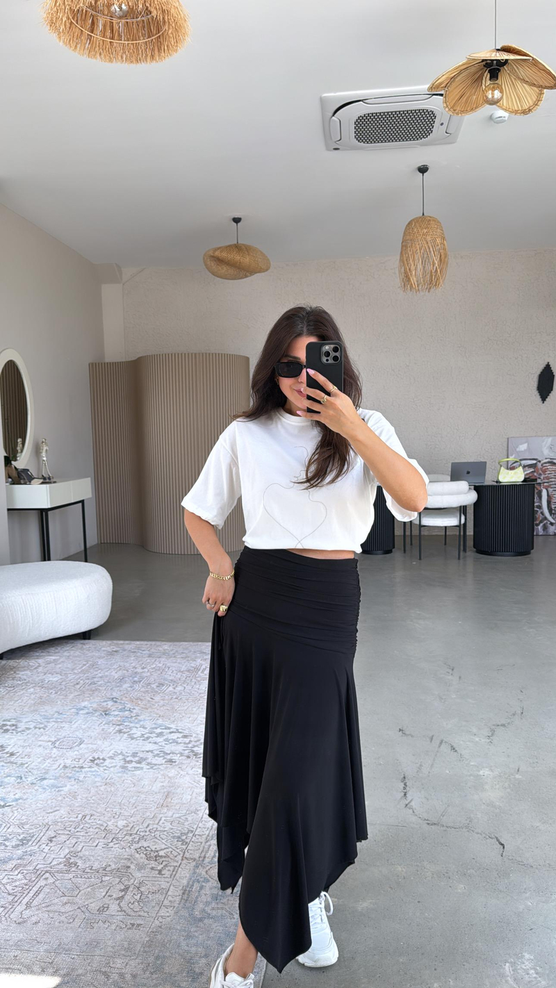 Siyah Asimetrik Beli Korse Etkili Etek