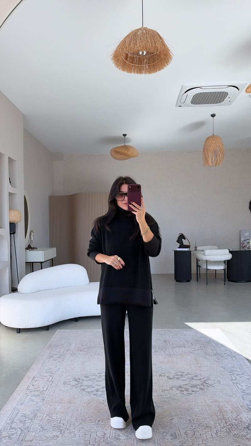 Siyah Balıkçı Fermuarlı Premium Triko Takım