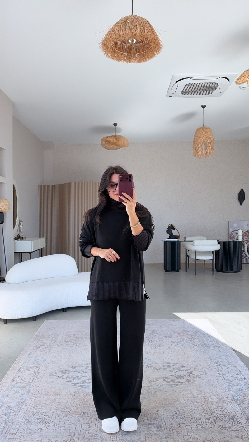 Siyah Balıkçı Fermuarlı Premium Triko Takım