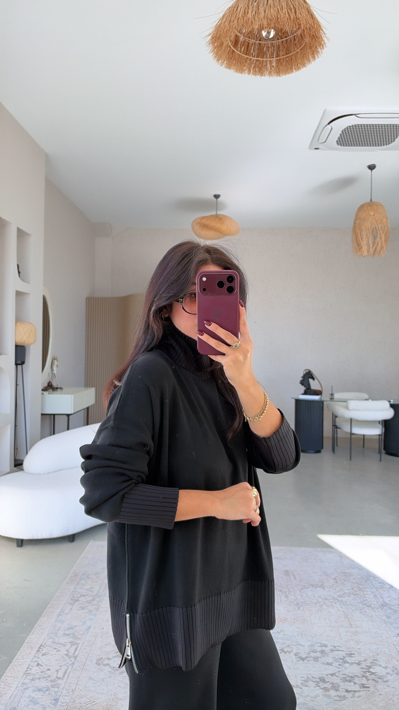 Siyah Balıkçı Fermuarlı Premium Triko Takım