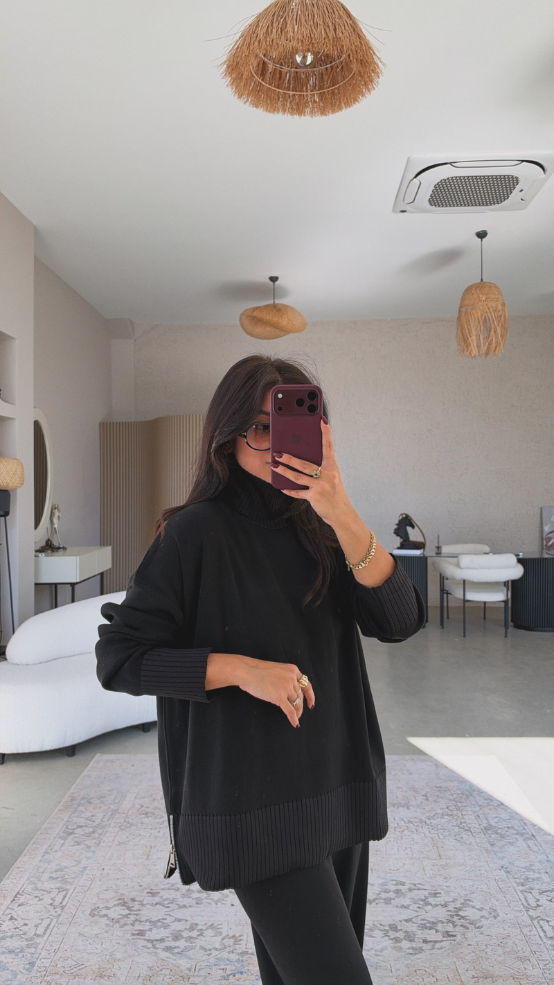 Siyah Balıkçı Fermuarlı Premium Triko Takım
