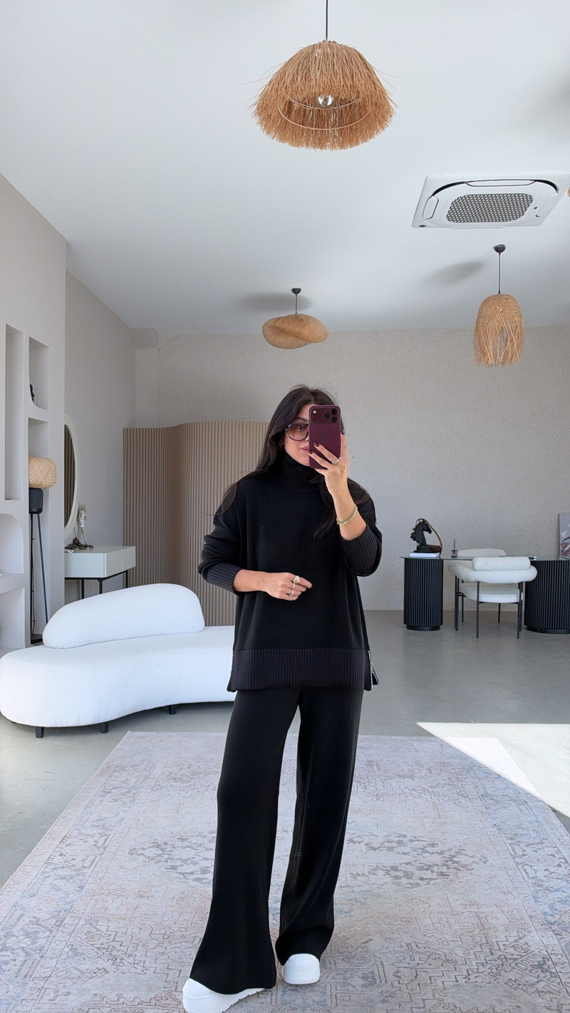 Siyah Balıkçı Fermuarlı Premium Triko Takım