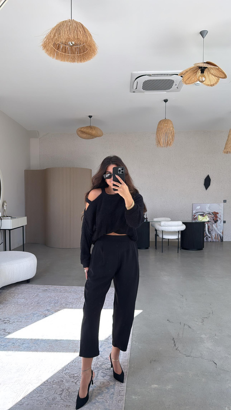 Siyah Bel Arka Lastik Krep Kumaş Pantolon