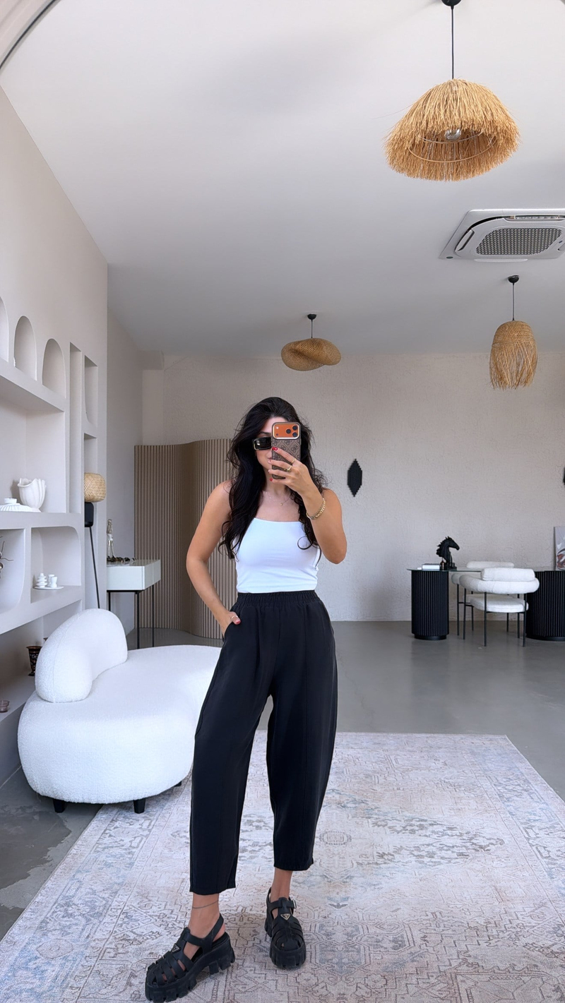 Siyah Beli Lastikli Baggy Yıkamalı Tensel Kumaş Premium Pantolon