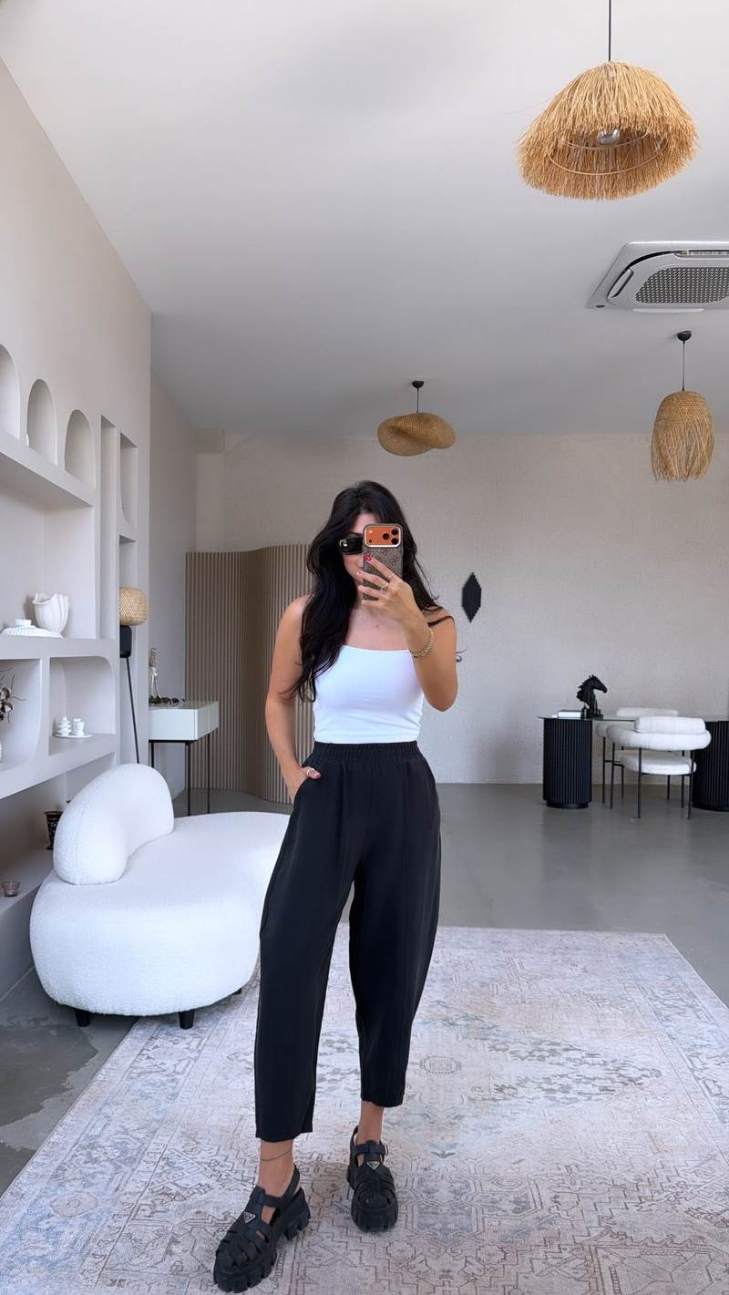 Siyah Beli Lastikli Baggy Yıkamalı Tensel Kumaş Premium Pantolon