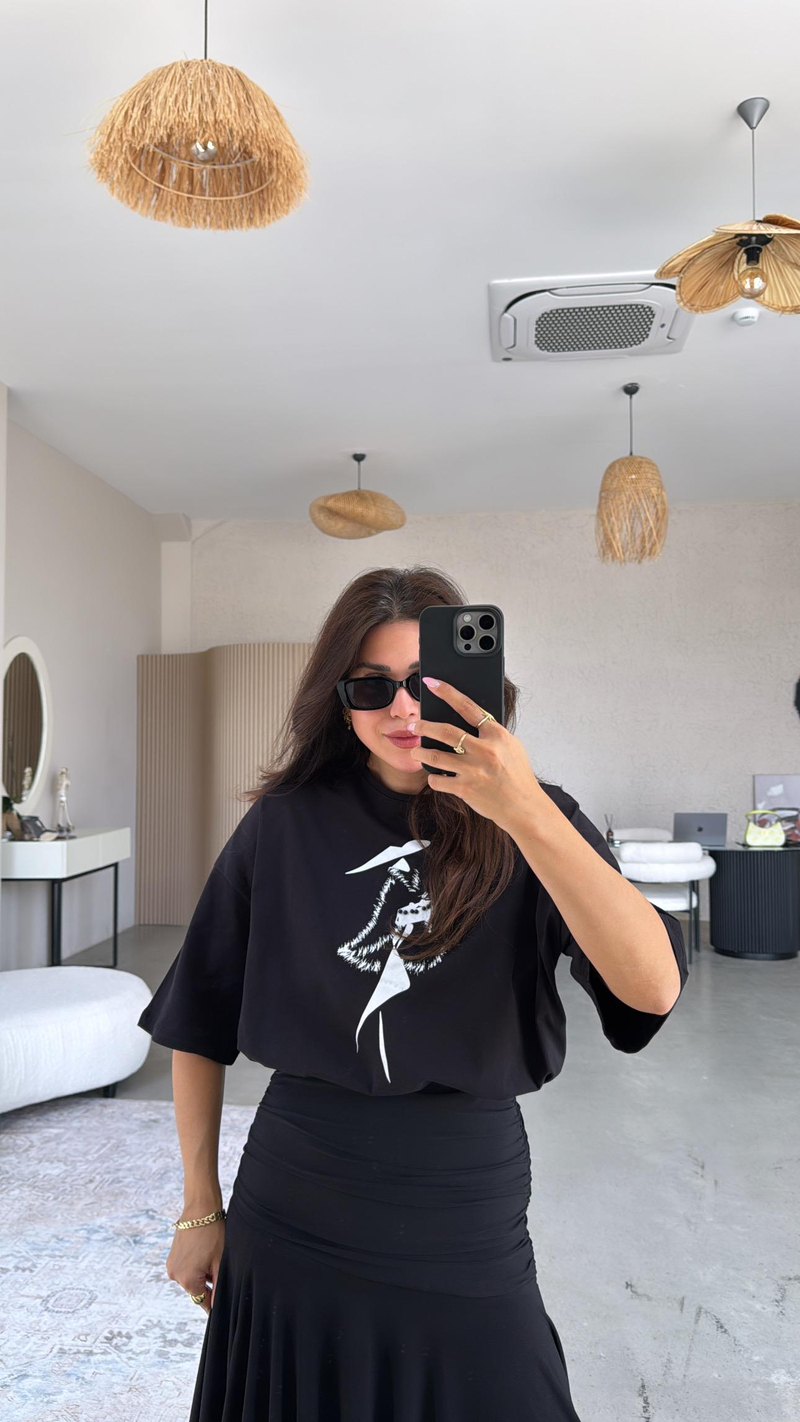 Siyah Beli Lastikli Boncuklu Pamuk Tshirt