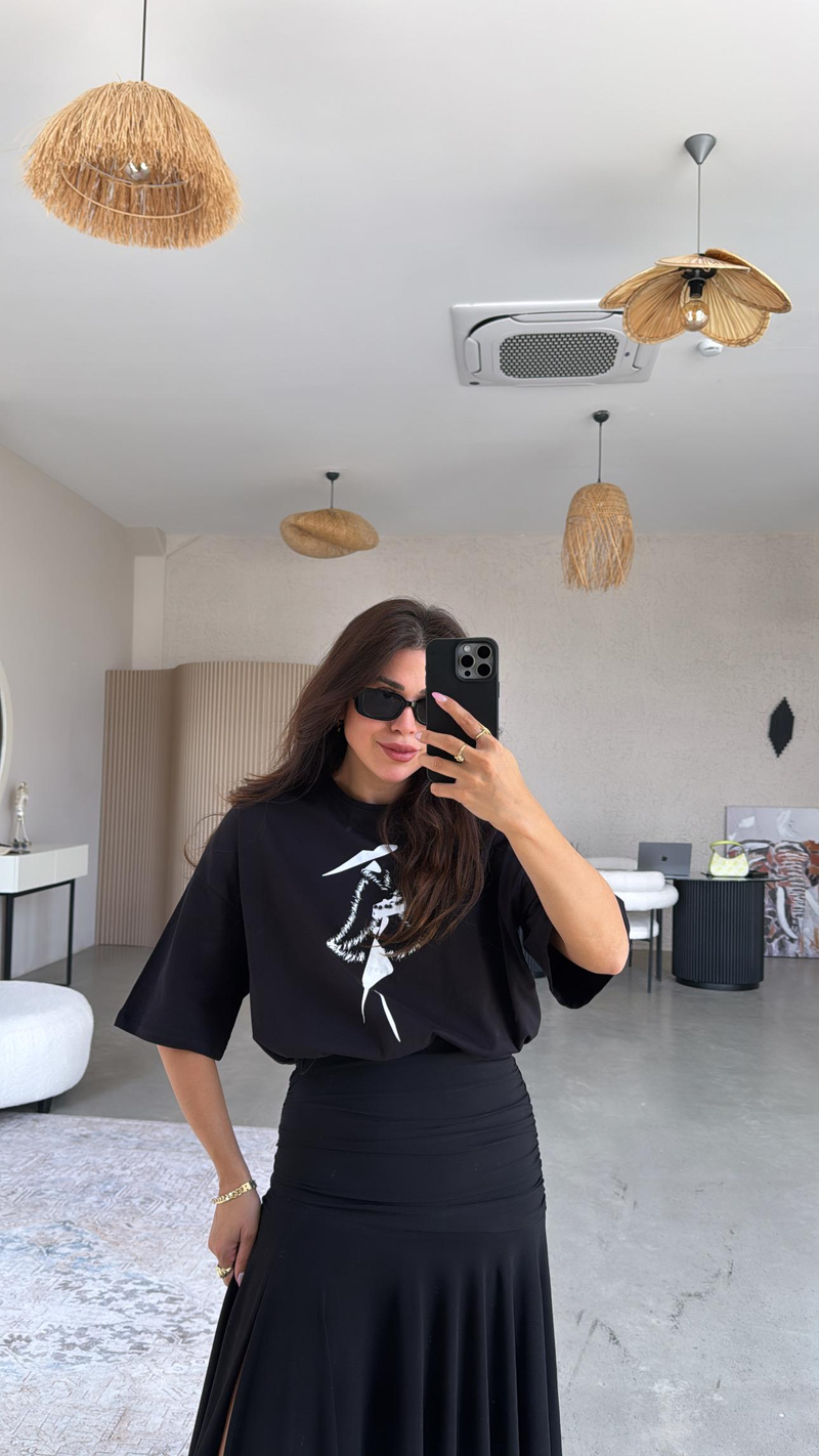 Siyah Beli Lastikli Boncuklu Pamuk Tshirt