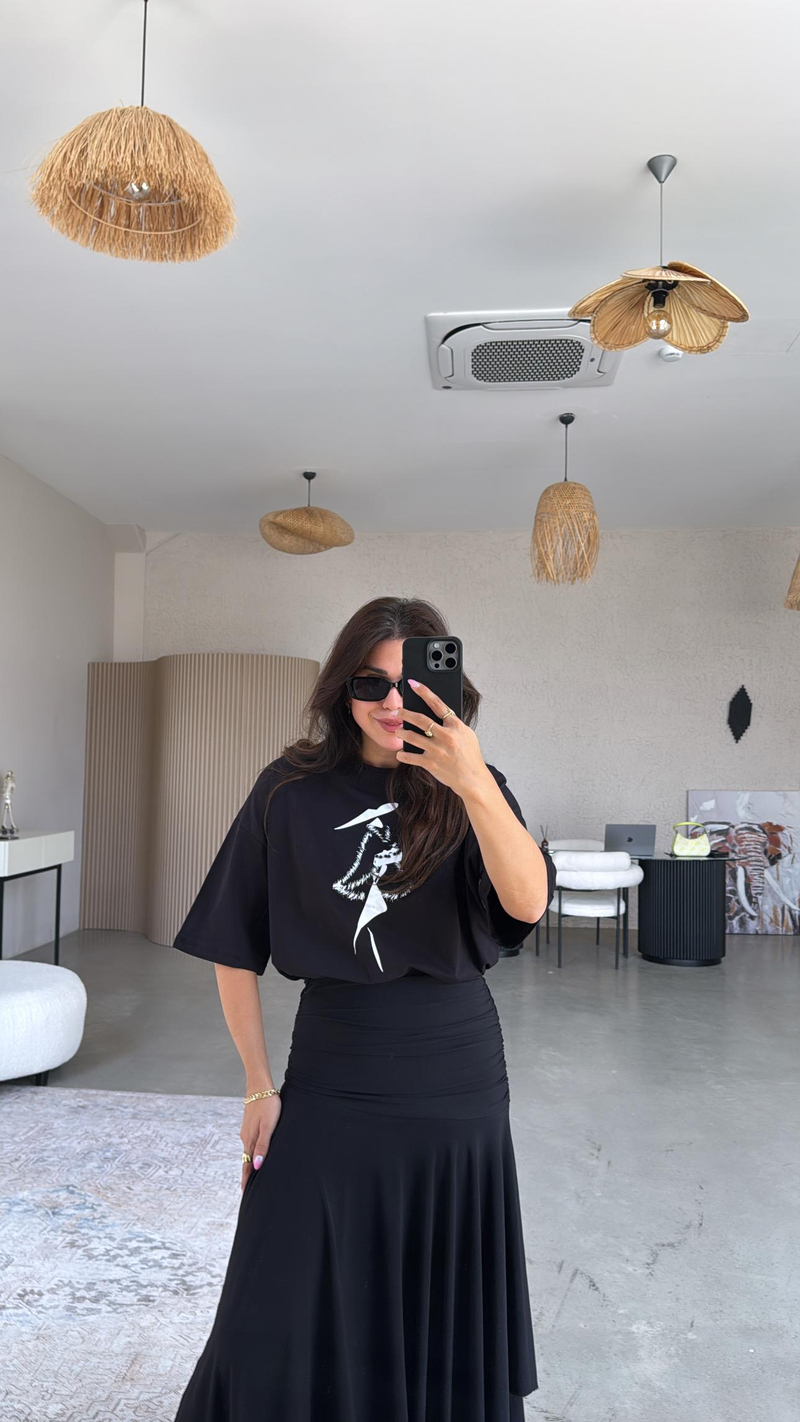 Siyah Beli Lastikli Boncuklu Pamuk Tshirt