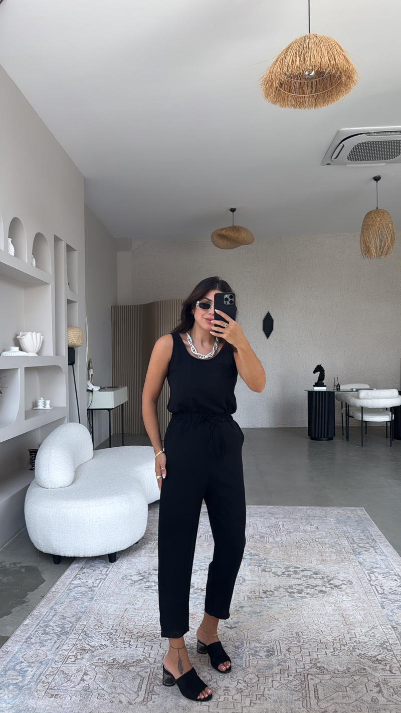 Siyah Beli Lastikli Buzzy Kumaş Tulum