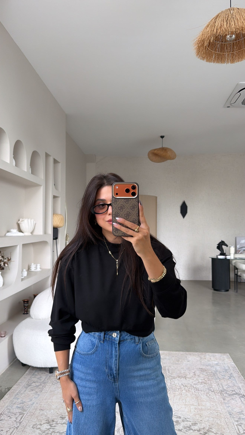 Siyah Bisiklet Yaka Crop Modal Basic Sweatshirt