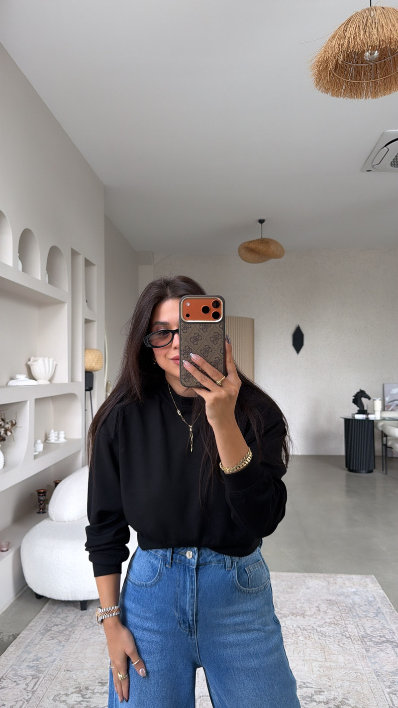 Siyah Bisiklet Yaka Crop Modal Basic Sweatshirt