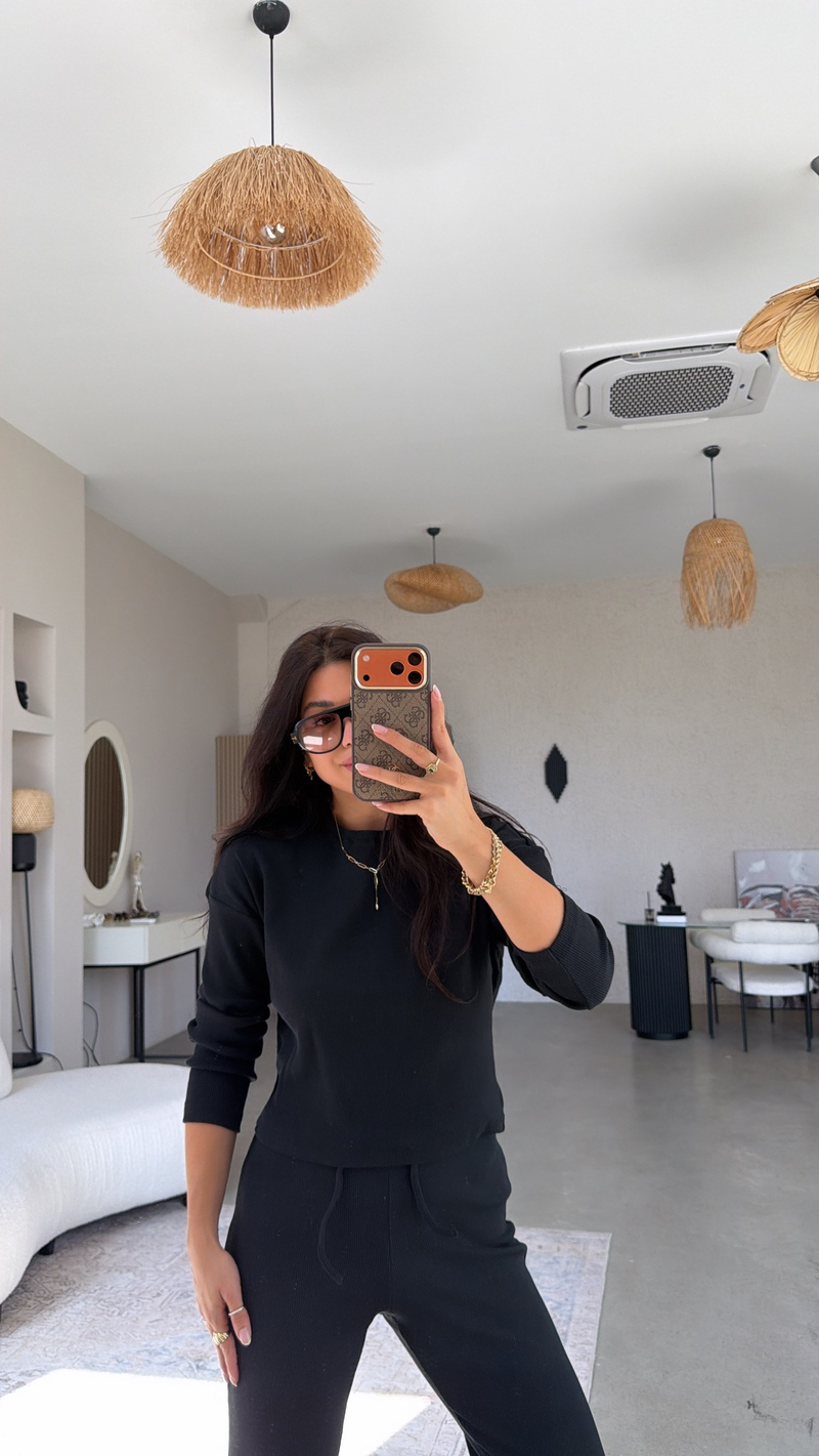 Siyah Bisiklet Yaka Fitilli Alt Üst Takım