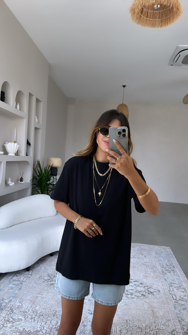 Siyah Bisiklet Yaka Oversize Tshirt