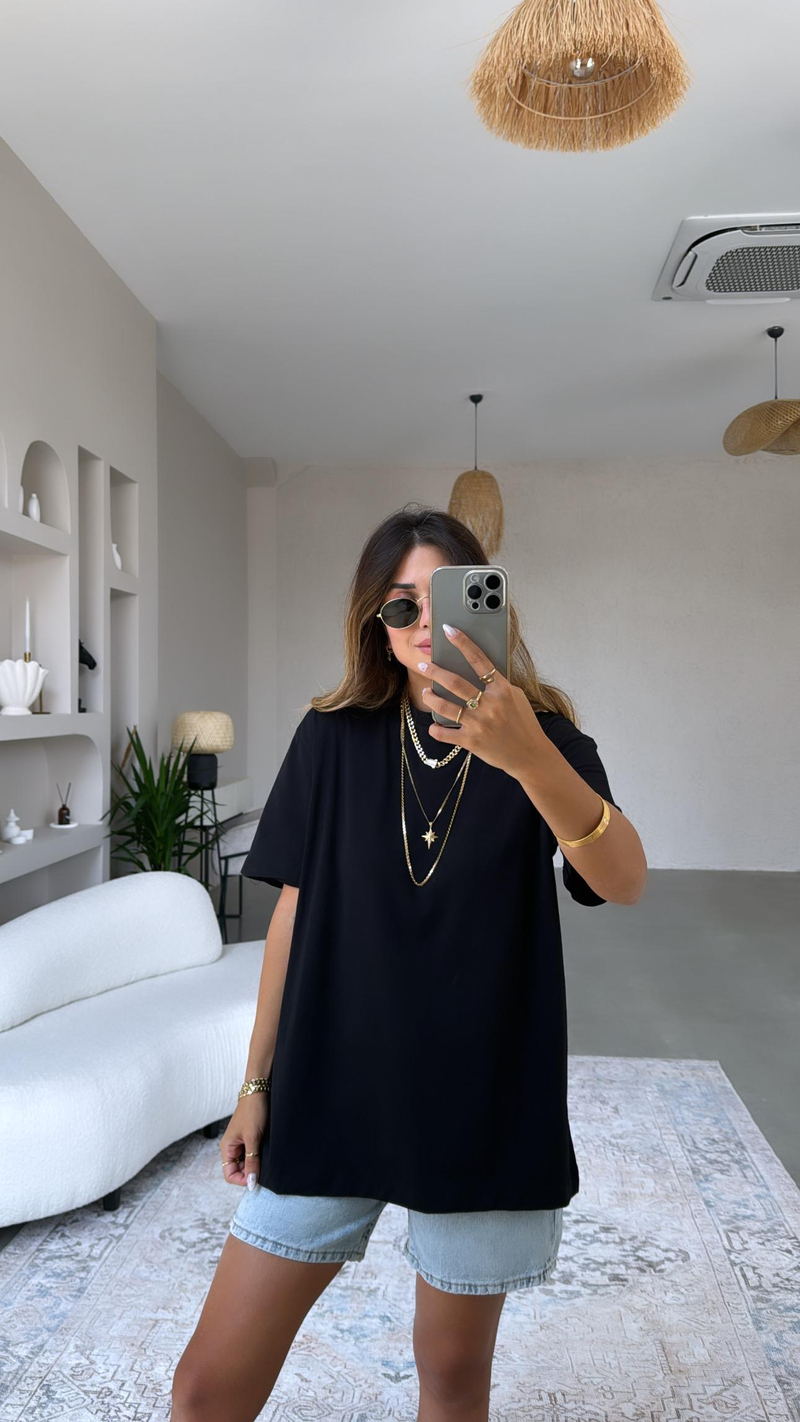 Siyah Bisiklet Yaka Oversize Tshirt