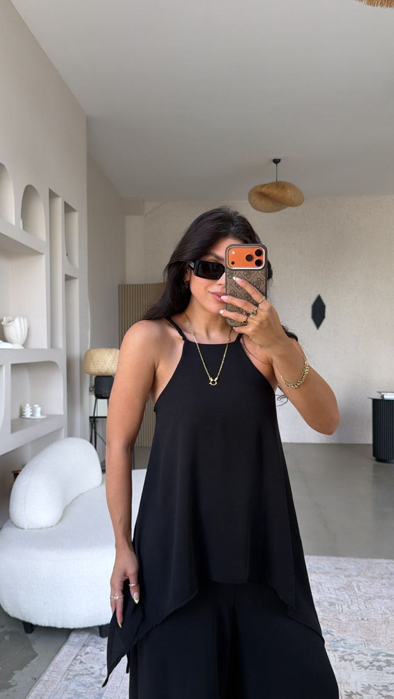 Siyah Bluz Pantolon Görünümlü Tiril Tulum