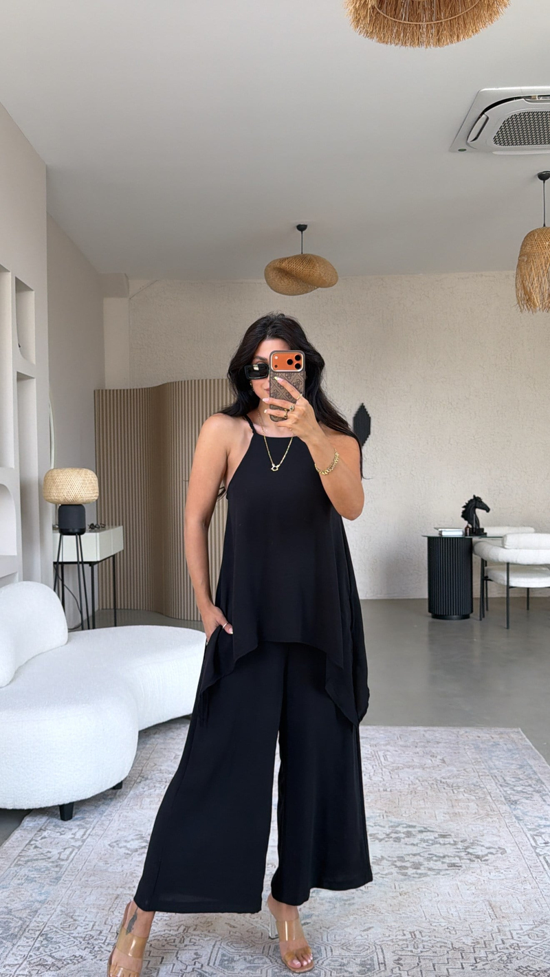 Siyah Bluz Pantolon Görünümlü Tiril Tulum