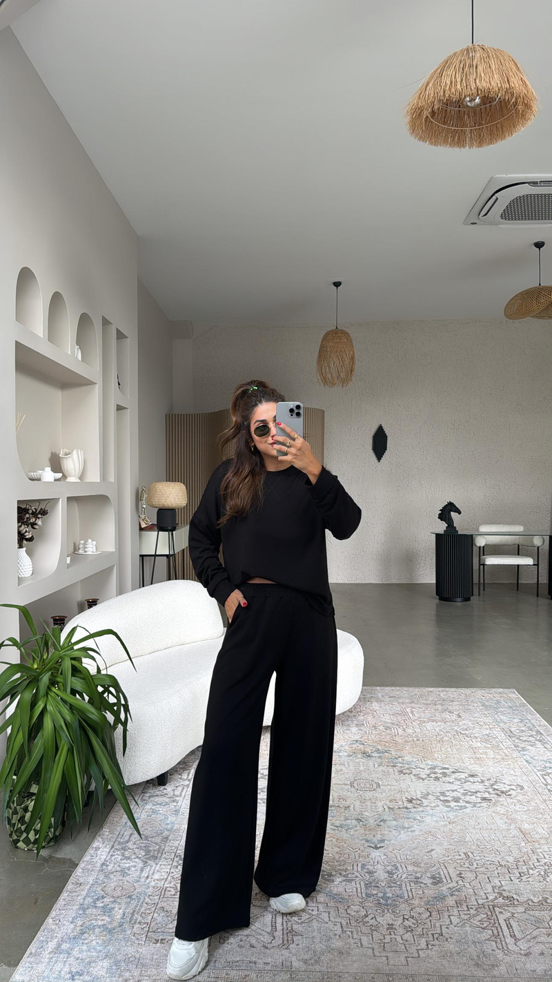 Siyah Bol Paça Sweatshirt Eşofman Takım