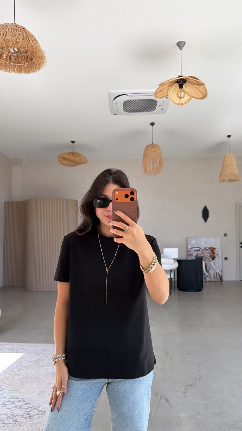 Siyah BT Yüzde Yüz Tok Pamuk Doku Bisiklet Yaka Tshirt