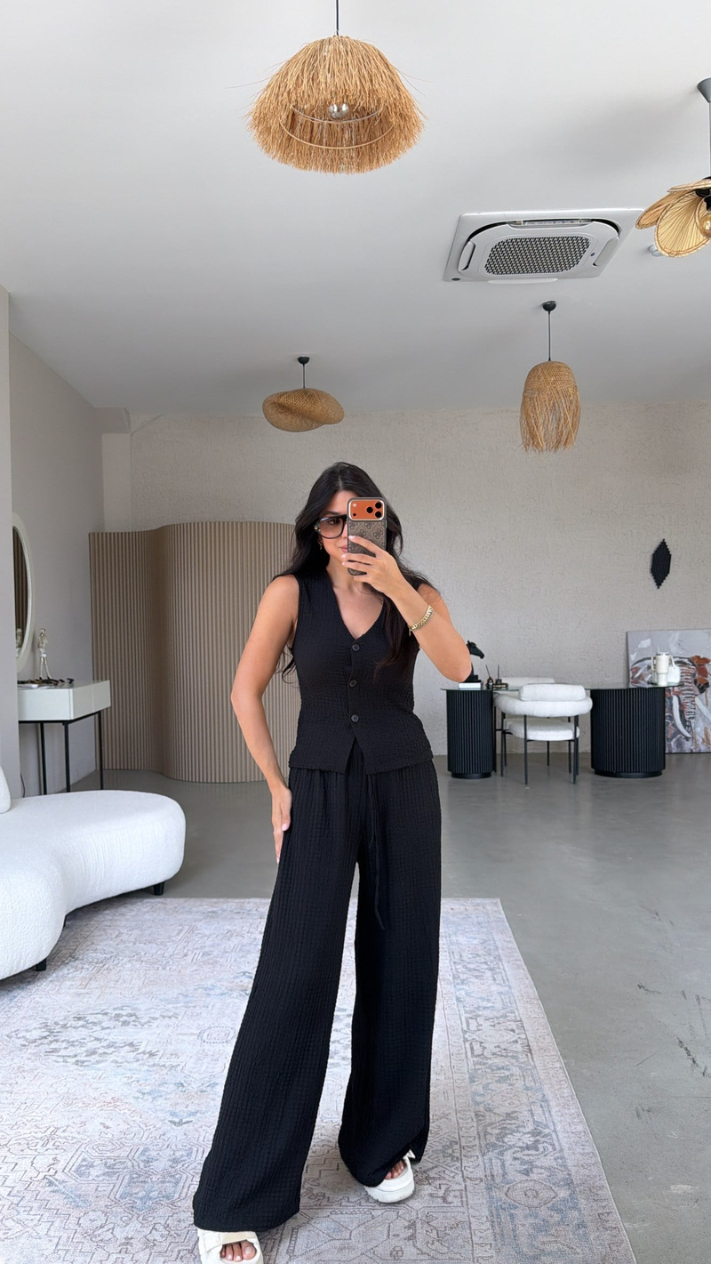 Siyah Bubble Kumaş Yelek Pantolon Takım
