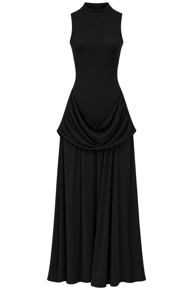Siyah Buzzy Kumaş Beli Drape Detaylı Maxi Elbise