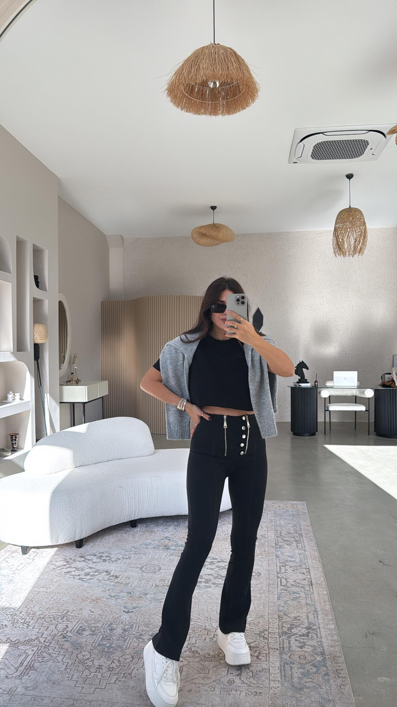 Siyah Çift Fermuarlı Push-up Tayt