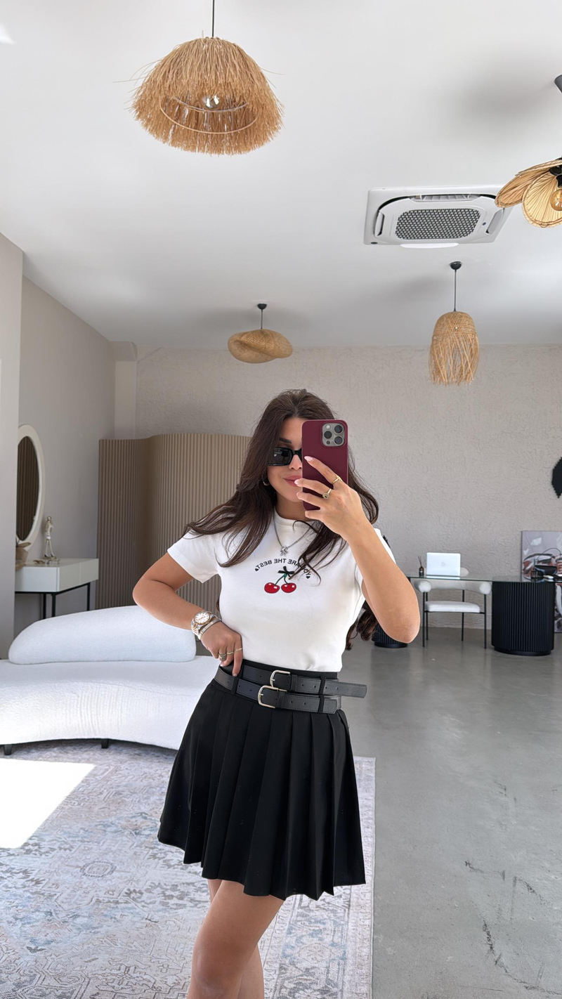 Siyah Çift Kemerli Piliseli Mini Etek
