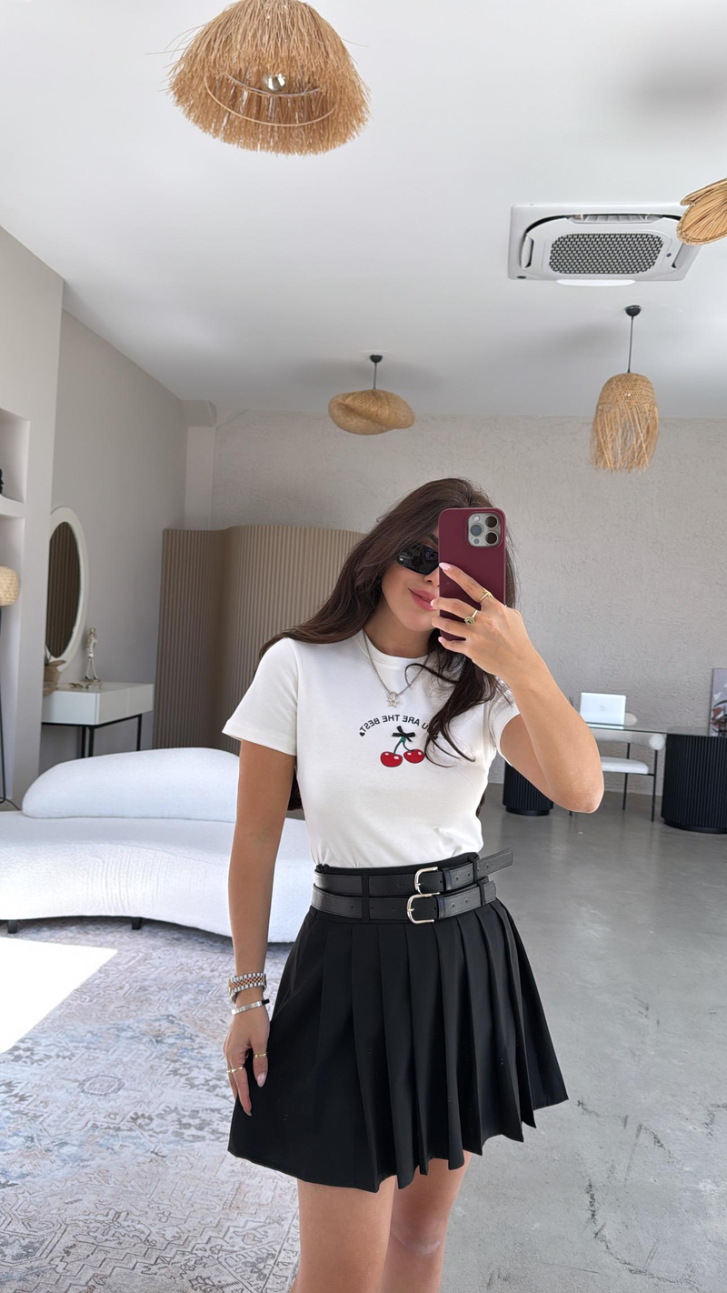 Siyah Çift Kemerli Piliseli Mini Etek