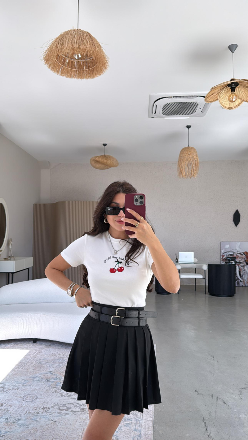 Siyah Çift Kemerli Piliseli Mini Etek