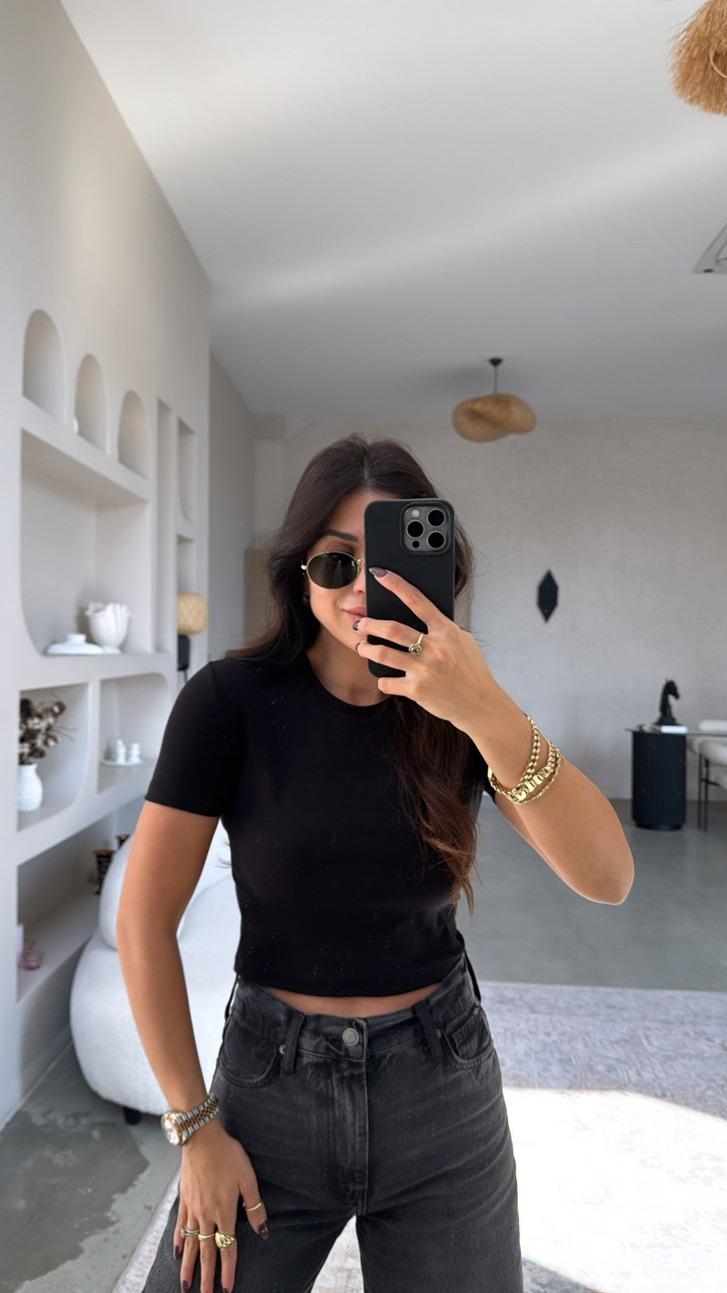 Siyah Crop Pamuk Basic Kısa Kol Tshirt