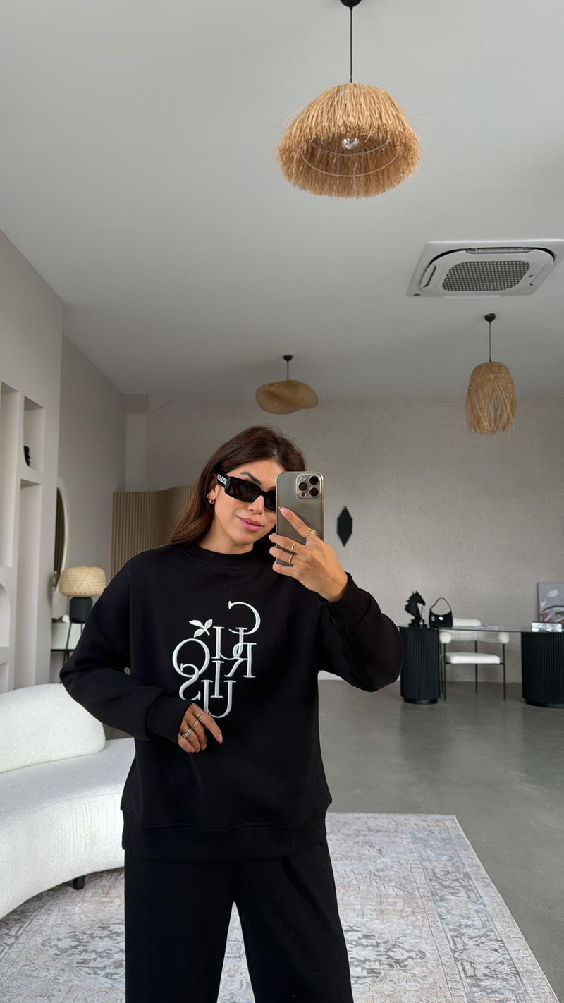 Siyah Curious Nakışlı Şardonlu Sweatshirt
