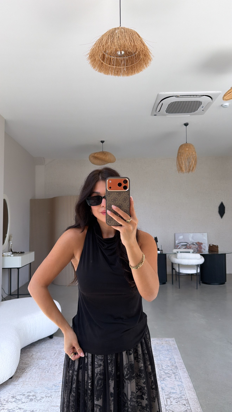 Siyah Degaje Ense Düğmeli Bluz