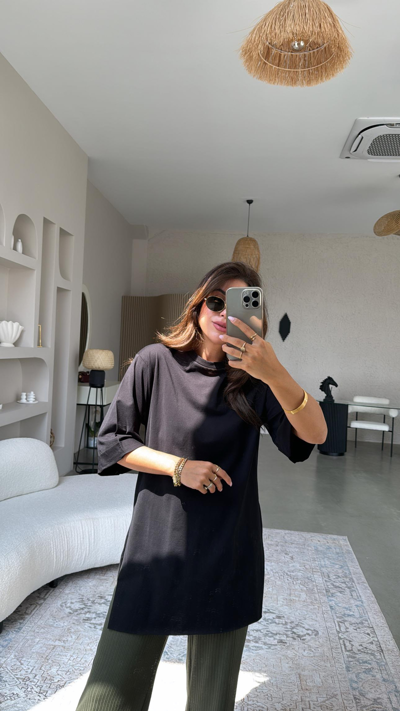 Siyah Duble Kol Yırtmaçlı Tshirt Tunik
