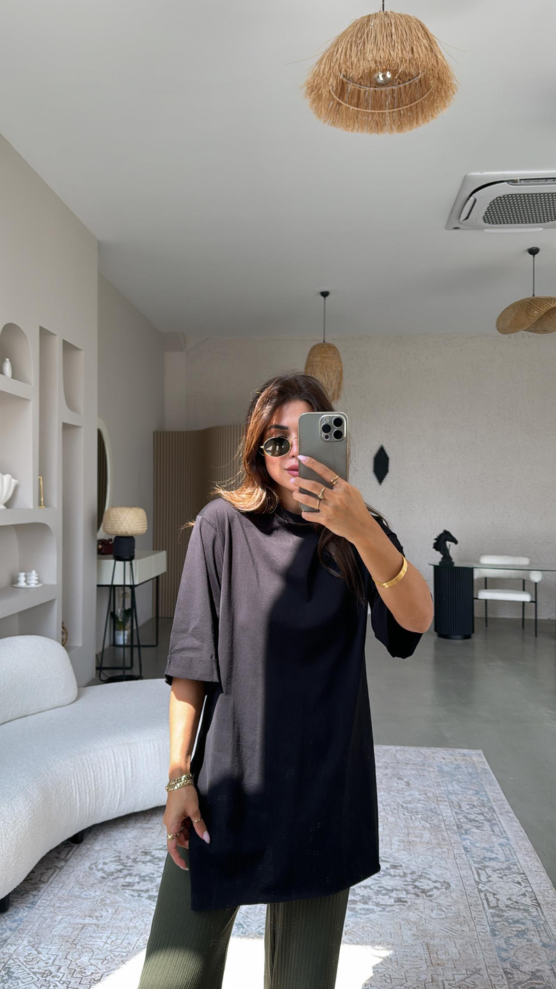 Siyah Duble Kol Yırtmaçlı Tshirt Tunik