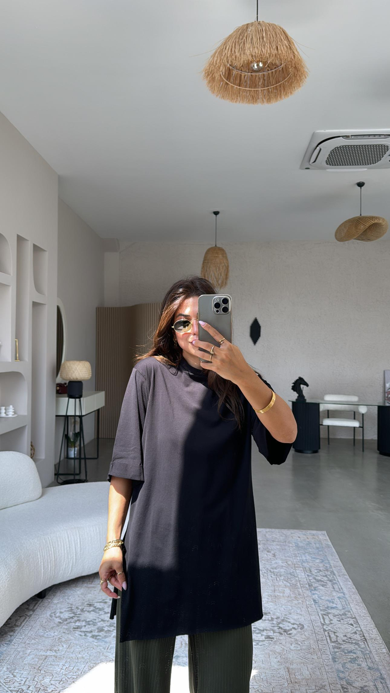 Siyah Duble Kol Yırtmaçlı Tshirt Tunik