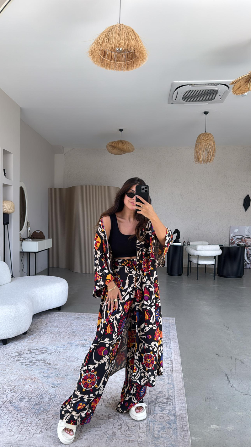 Siyah Etnik Desenli Kimono Pantolon Takım