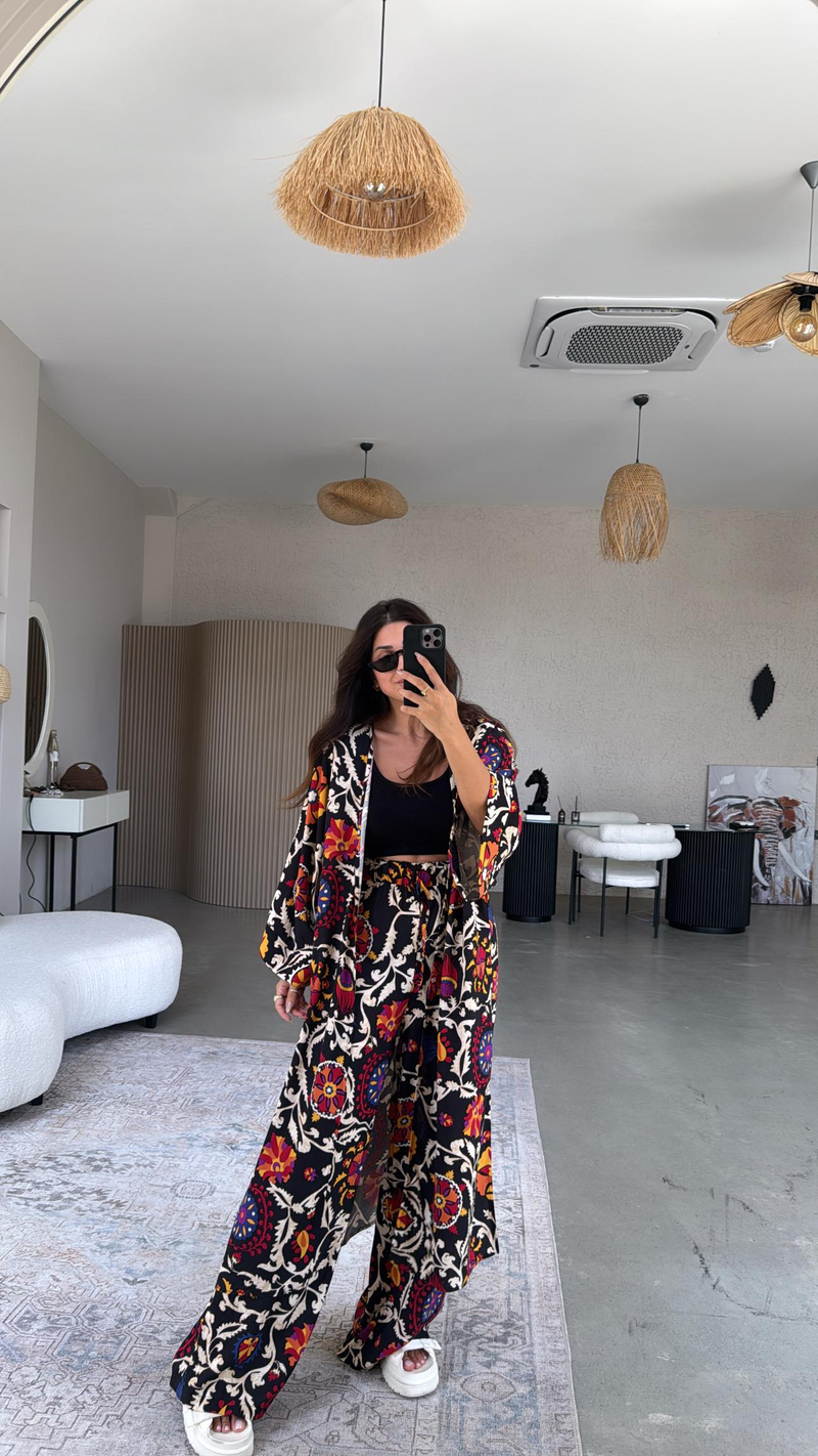 Siyah Etnik Desenli Kimono Pantolon Takım