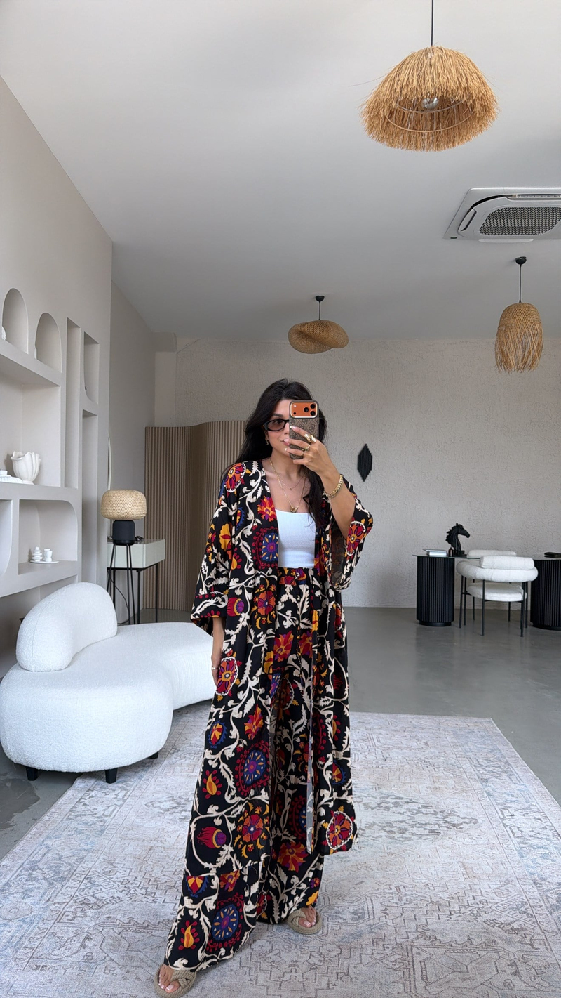 Siyah Etnik Desenli Viskon Kimono Pantolon