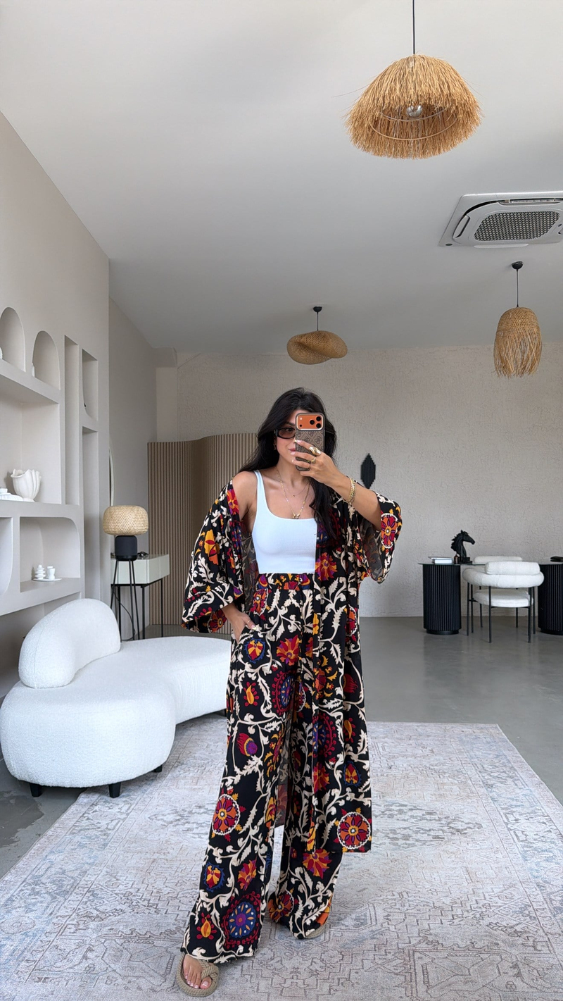 Siyah Etnik Desenli Viskon Kimono Pantolon