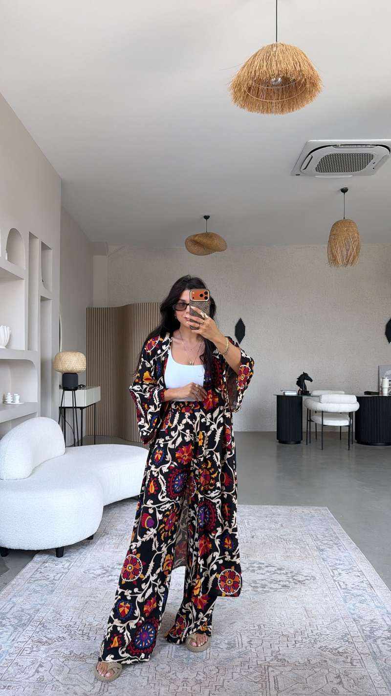 Siyah Etnik Desenli Viskon Kimono Pantolon