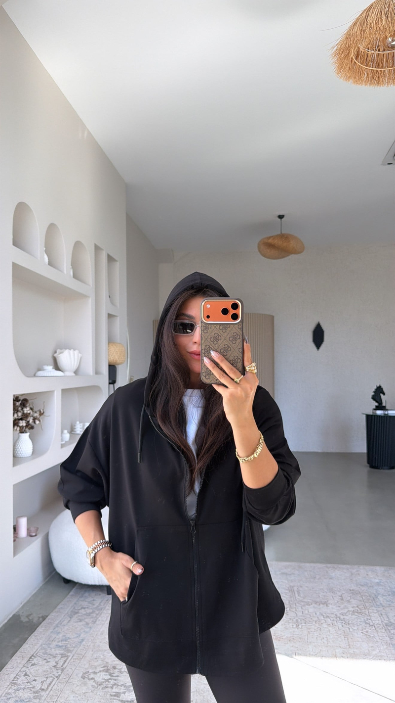 Siyah Fermuarlı Cepli Modal Hoodie